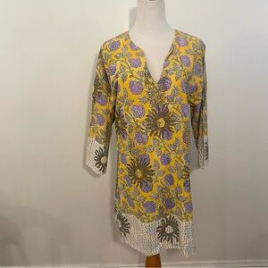 V-Neck Yellow Floral Tunic with Purple Accents
